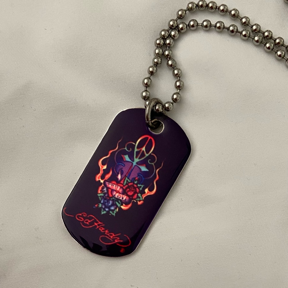 Ed Hardy Sterling Silver Dog Tag on Stainless Steel bead chain